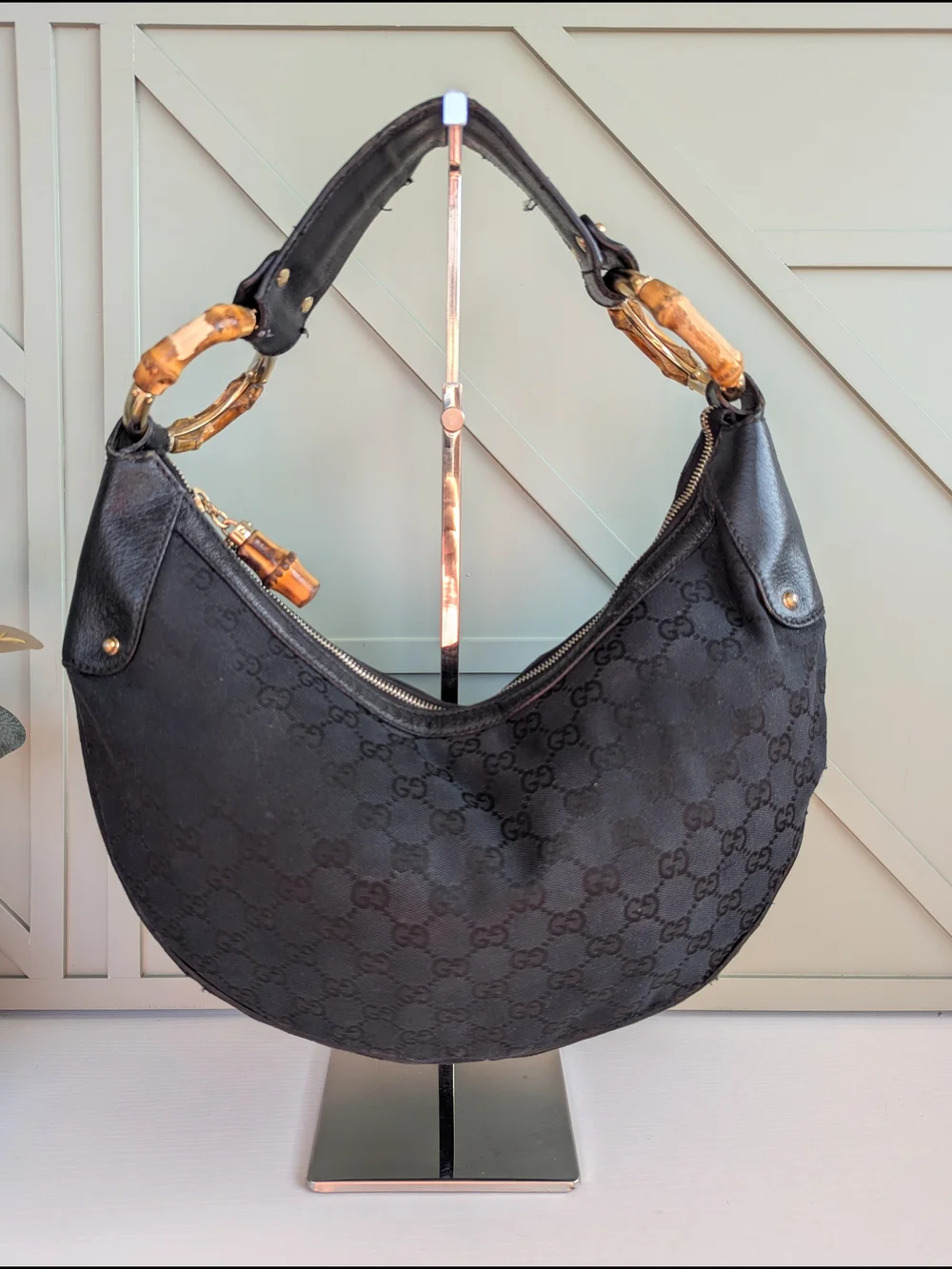 Gucci Black Crescent Bamboo-Handle Shoulder Bag